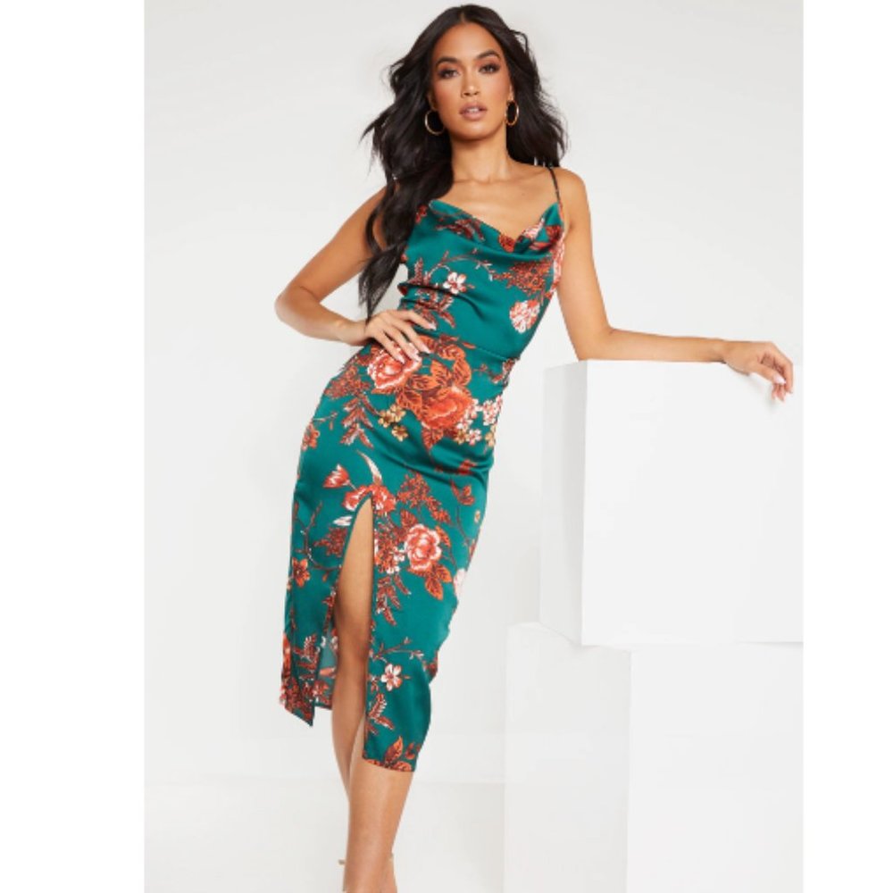 Emerald green floral cowl neck dress